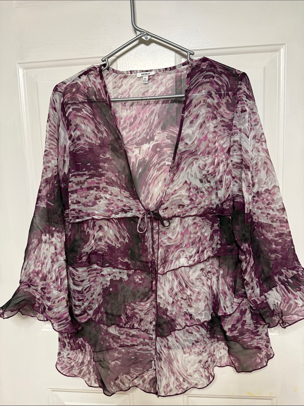 Nicola Womens XL Sheer Ruffle Tie-Front Blouse - Purple Print 28” length